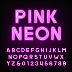 Pink neon tube alphabet font. Type letters and numbers on a dark background. Vector typeface for labels, titles, posters etc.