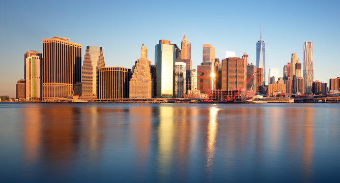 New York skyline at sunrise, nobody, USA