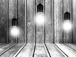 Glowing Light Bulbs With Wooden Wall. Vintage Background