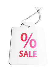 Label or price tag with percentage sign, isolated on white. 