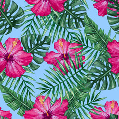 Panele Szklane Podświetlane  Kwiat hibiskusa akwarela i liście palmowe wzór. Ilustracja wektorowa.