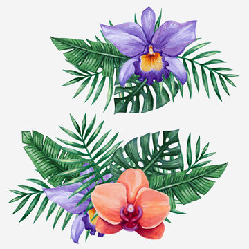 Watercolor tropical flowers and palm tree leaves. Vector illustration.