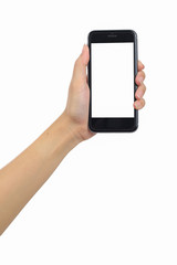 Hand holding smart phone isolated white background, use clipping