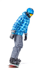 Portrait of young man in sportswear with snowboard isolated on a white background.