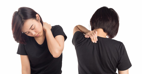 Young woman pain in neck isolated white background.