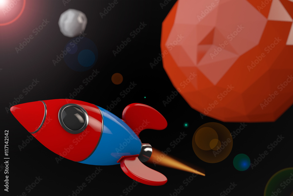Poster cartoon rocket near red planet. 3d rendering