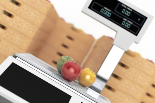 Electronic Scales for weighing Food with Apples Boxes. 3d Render