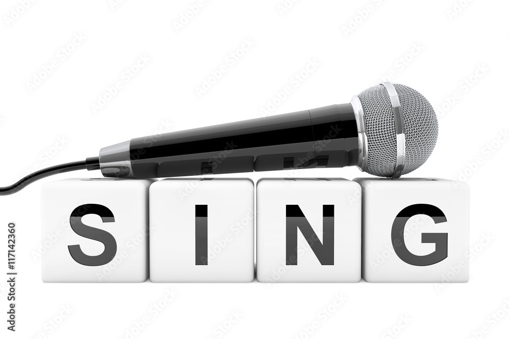 Aufkleber Microphone over Sing Cube Sign. 3d Rendering