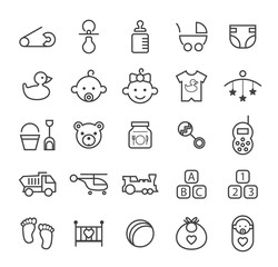 Set of Quality Isolated Universal Standard Minimal Simple Baby Black Thin Line Icons on White Background. 