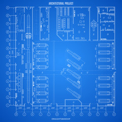architectural blueprint, technical drawing, construction plan or project on the blue background. stock vector illustration eps10