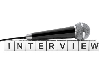 Microphone over Interview Cube Sign. 3d Rendering