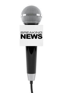 Microphone with Breaking News Box Sign. 3d Rendering