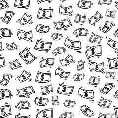 Seamless pattern with doodle money rain
