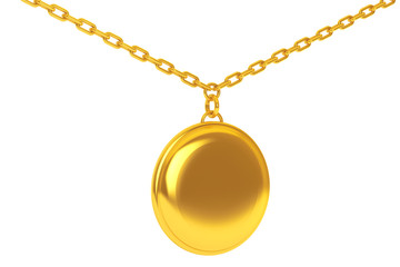 Golden Medallion on chain. 3d Rendering