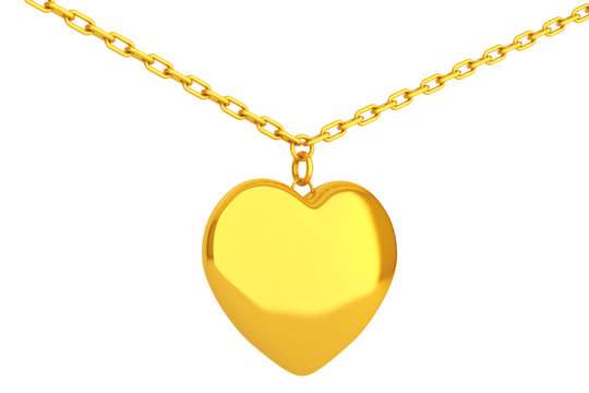 Golden Heart Medallion on chain. 3d Rendering