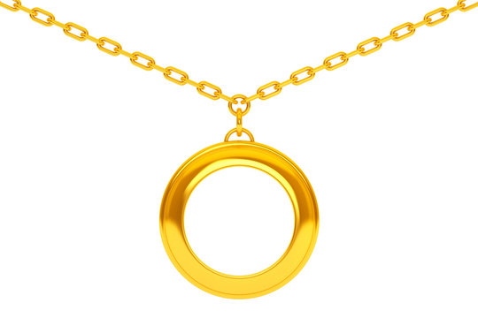 Golden Medallion On Chain With Blank Space For Your Photo. 3d Re