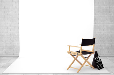 Fototapeta premium Director Chair, Movie Clapper and Megaphone in Cinema Studio Roo