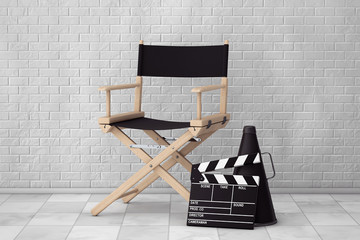Naklejka premium Director Chair, Movie Clapper and Megaphone. 3d Rendering