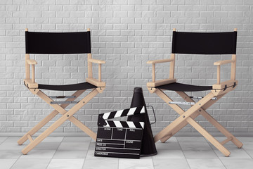 Director Chairs, Movie Clapper and Megaphone. 3d Rendering