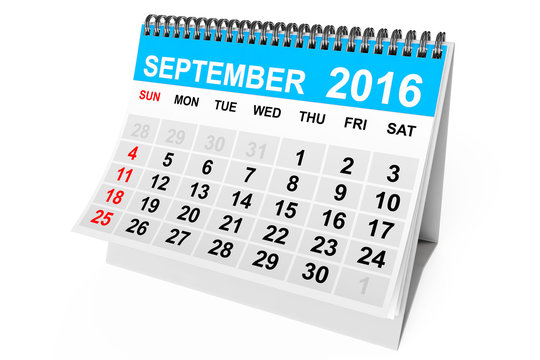 Calendar September 2016. 3d Rendering