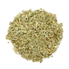 Organic dry Indian bay leaf (Cinnamomum tamala) in tea cut size. Isolated on white background. Macro close up. Top view. © Prashant ZI