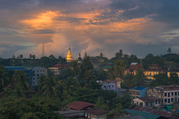 Maha Wizaya Pagoda view from rooftop, Yangon (Rangoon), Myanmar (Burma). 
