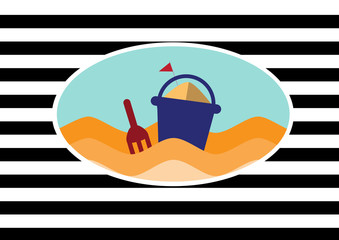 Beach and Toy bucket with spade on stripe backgrounds