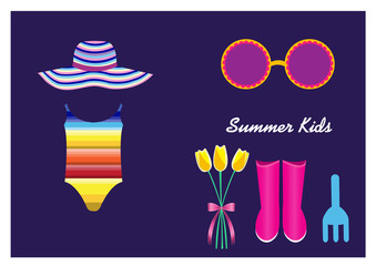 Kid's summer clothes on purple backgrounds