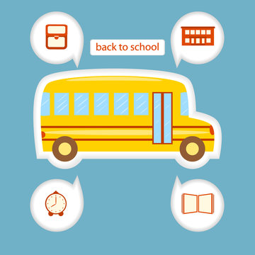 School bus on a blue background with icons of a book, building, alarm clock, school bag. Stickers.
