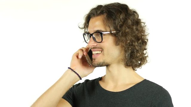 Happy Man in Glasses Talking on Phone