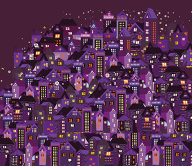 Night city with cartoon houses