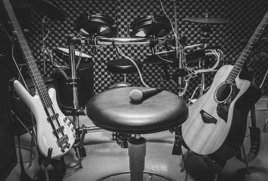 selective focus the  microphone on chair and musical instrument
