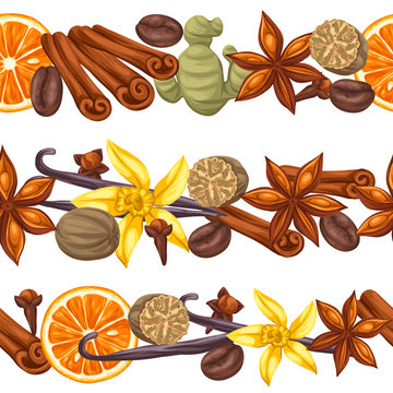 Seamless borders with various spices. Illustration of anise, cloves, vanilla, ginger and cinnamon