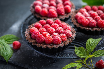 chocolate tarts with fresh raspberry