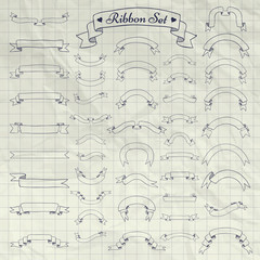 Vector Pen Drawing Ribbons, Banners on Notebook Texture