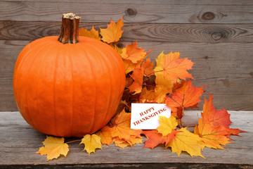 Naklejka na ściany i meble Happy Thanksgiving card with pumpkin and autumn leaves. 