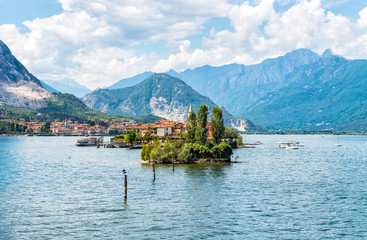 Landscape of lake Maggiore with Fishermen Island (Isola dei Pescatori). View from Island Bella.
