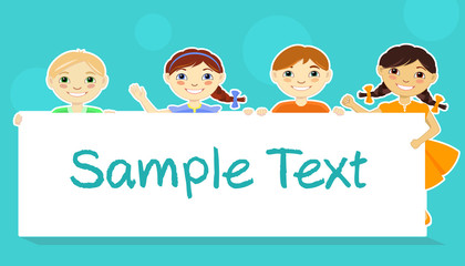 Vector illustration of happy kids standing behind placard with blue background