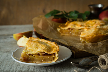 Apple pie on rustic wood background