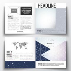 Set of square design brochure template. Polygonal low poly backdrop with connecting dots and lines, connection structure, blue background. Science vector