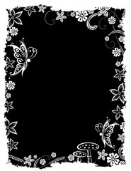 Herbst Hintergrund. Dunkler Rahmen mit floralen Ornamenten und mystischen Pilzen.