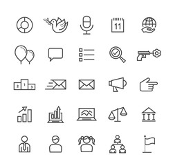 Set of Quality Isolated Universal Standard Minimal Simple Black Thin Line Politics Concepts Icons on White Background. 