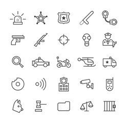 Set of Quality Isolated Universal Standard Minimal Simple Black Thin Line Police Concepts Icons on White Background. 