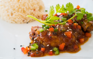  Fried chicken and carrot with sauce .served with rice.