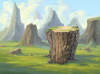 Big rock grass field on mountain background illustration painted