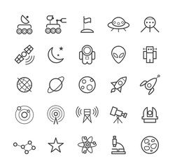 Set of Quality Isolated Universal Standard Minimal Simple Space Black Thin Line Icons on White Background.