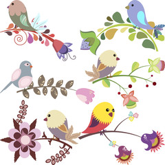 Set of birds sitting on flowers vector illustration