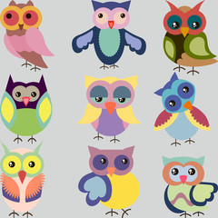 Set of cute colorful vector owls