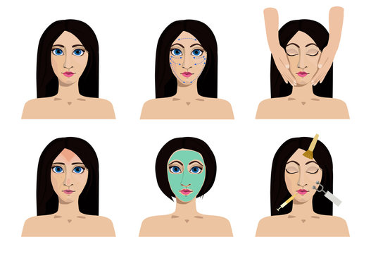 A vector set of cosmetology icons. Medical procedures for beauty and health care. Woman with problem and healthy skin on the face.