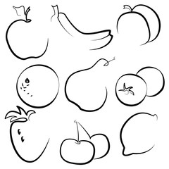 Set of fruit and berries on a white background , black outline ,